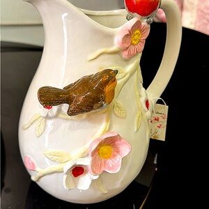 Ceramic White Pitcher with Hand-Painted Brown Bird and Pink Flowers